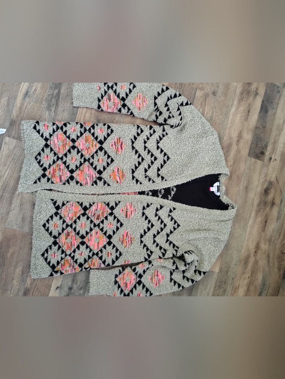 No Boundaries Beige Cardigan with Pink & Black Aztec Pattern
